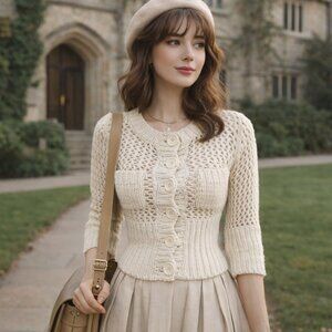Free People Chunky Open Knit Fitted Cardigan‎ Sweater Buttons Pockets